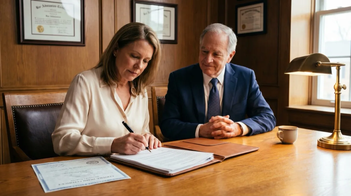 A woman signing letters of administration with her Florida probate attorney, completing Rule 5.235 and Rule 5.320 formalities