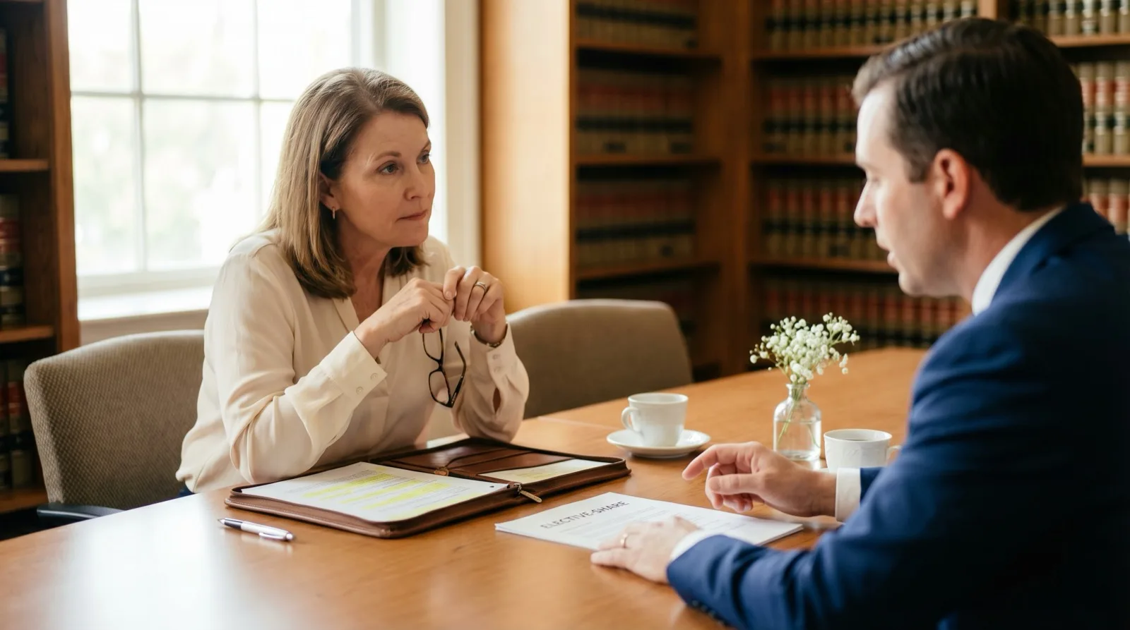 Surviving spouse meeting with her Florida probate attorney to review elective-share documents under Rule 5.360 and Fla. Stat. 732.2065