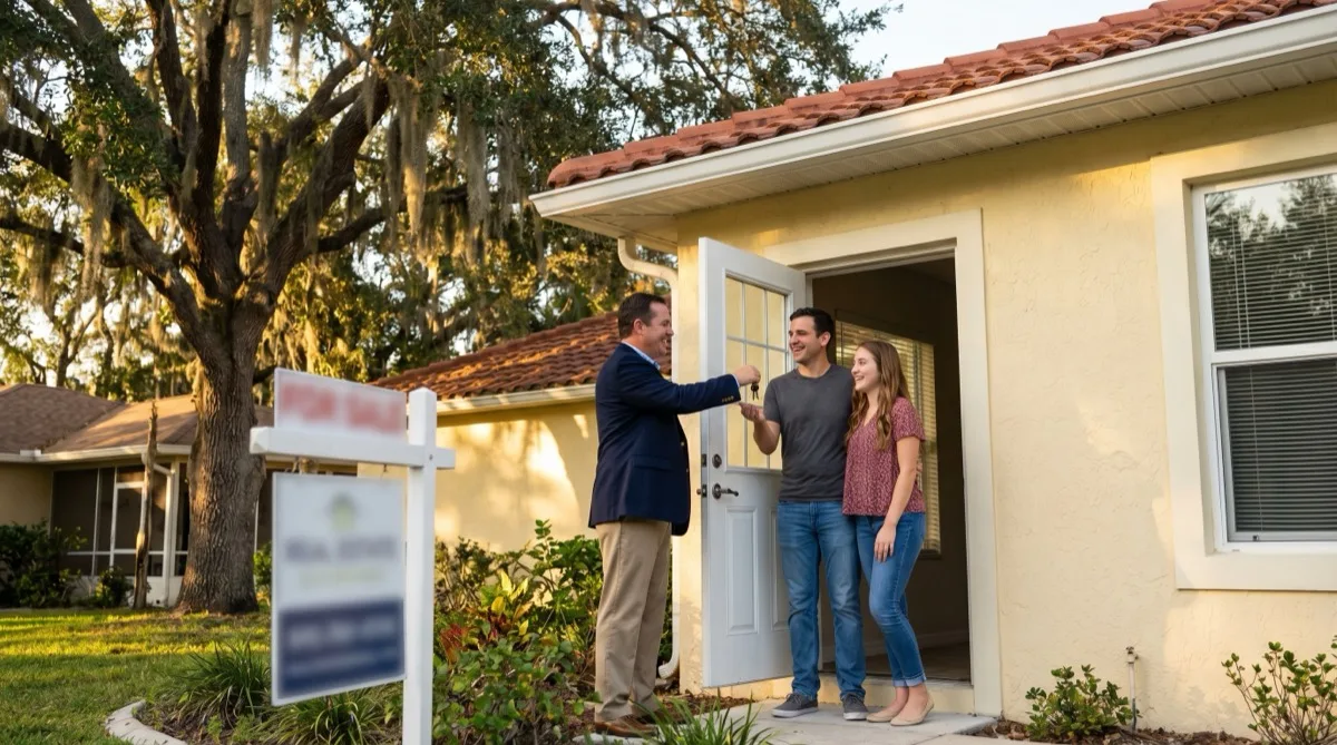 Real estate agent handing keys to the new buyers of a Florida estate property sold under Florida Probate Rule 5.370
