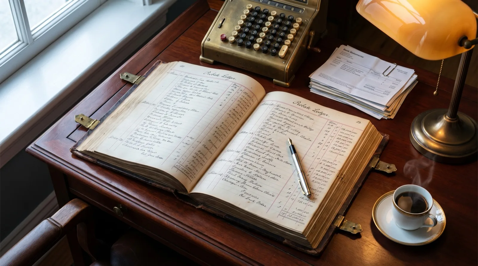 Open fiduciary accounting ledger and brass calculator on a mahogany desk, representing Florida Probate Rule 5.346 accountings