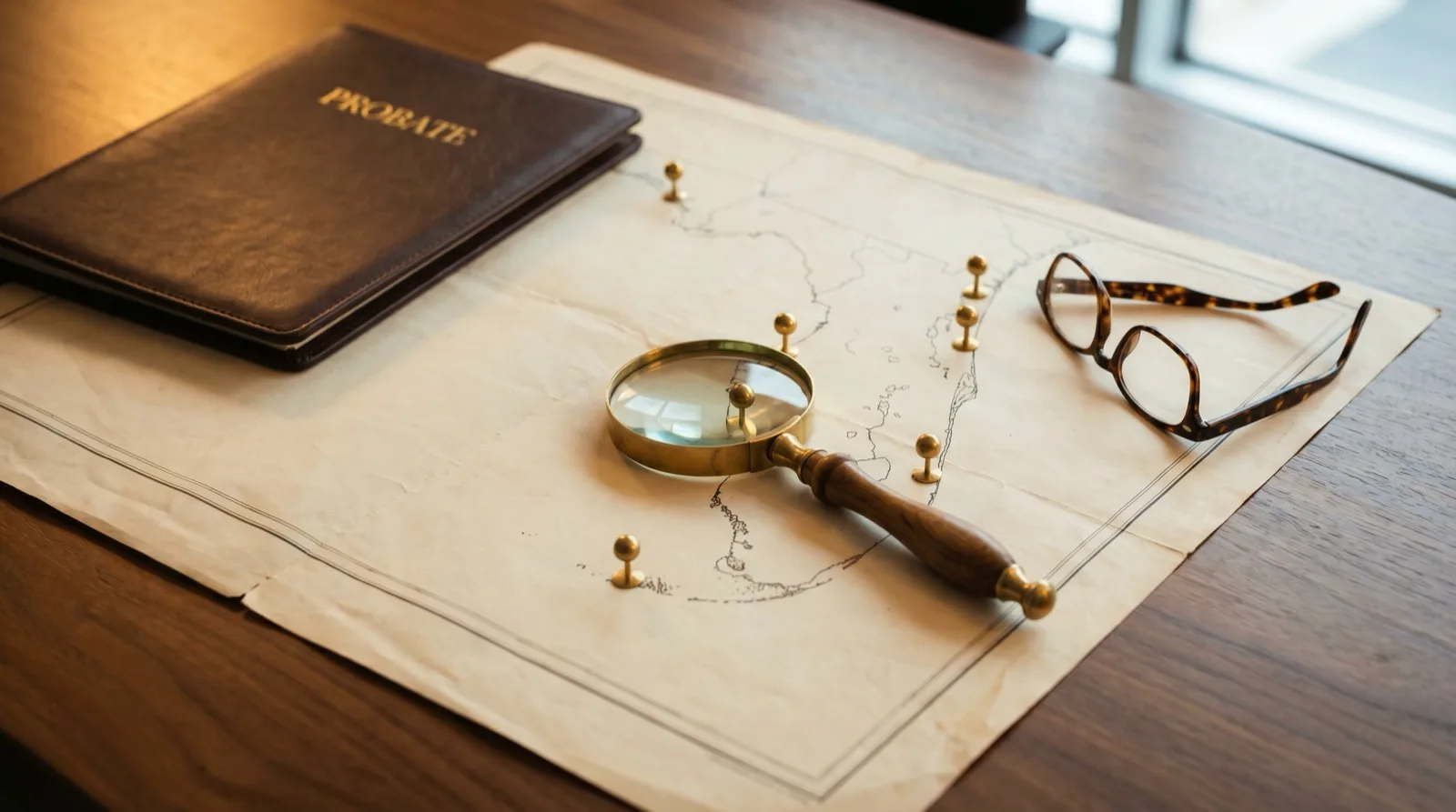 Vintage Florida map with pins and a leather PROBATE folder, illustrating Florida ancillary administration under Rule 5.470