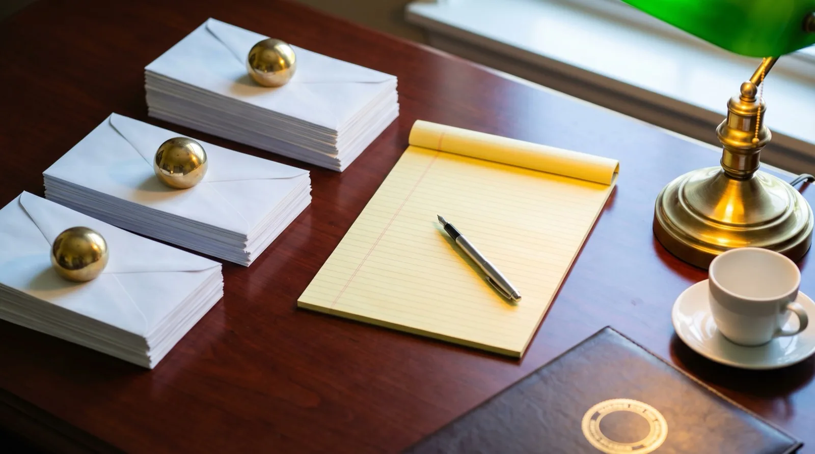 Three stacks of creditor-claim envelopes sorted under brass paperweights on a Florida probate attorney's desk, illustrating Rules 5.490 through 5.499
