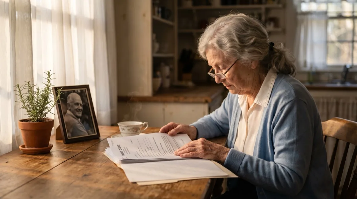 A surviving spouse at a farmhouse kitchen table reviewing Florida probate family-allowance paperwork under Rule 5.407