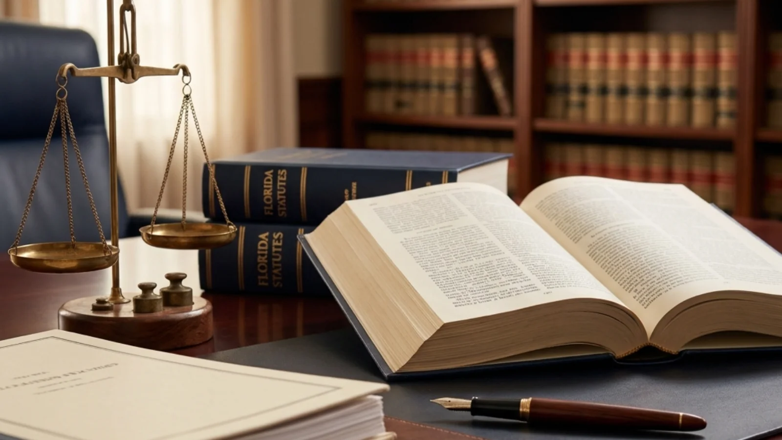 Florida courthouse exterior with statute books on a desk in the foreground