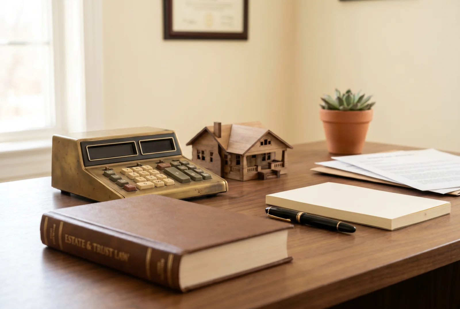 A walnut desk with a vintage brass calculator, a small wooden bungalow model, a closed Estate and Trust Law book, a fountain pen on a blank cream notepad, stacked legal documents, and a small succulent — representing a calm, organized approach to lowering Florida probate costs through summary administration and flat-fee planning
