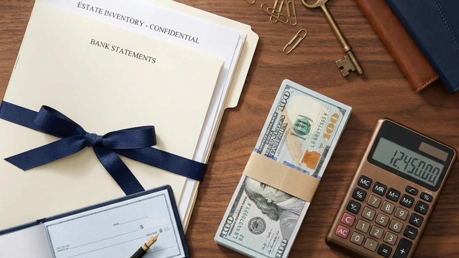 Estate inventory documents, bank statements, a checkbook, stacks of $100 bills, and a calculator on a walnut desk - representing how Florida probate attorney fees are paid from estate assets, not from the personal representative's pocket