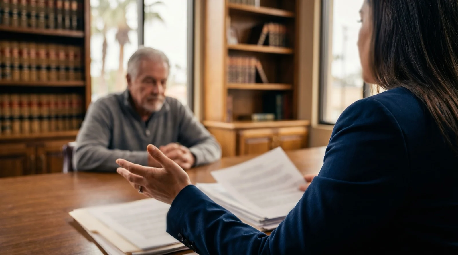 Attorney reviewing estate documents with a client across a desk