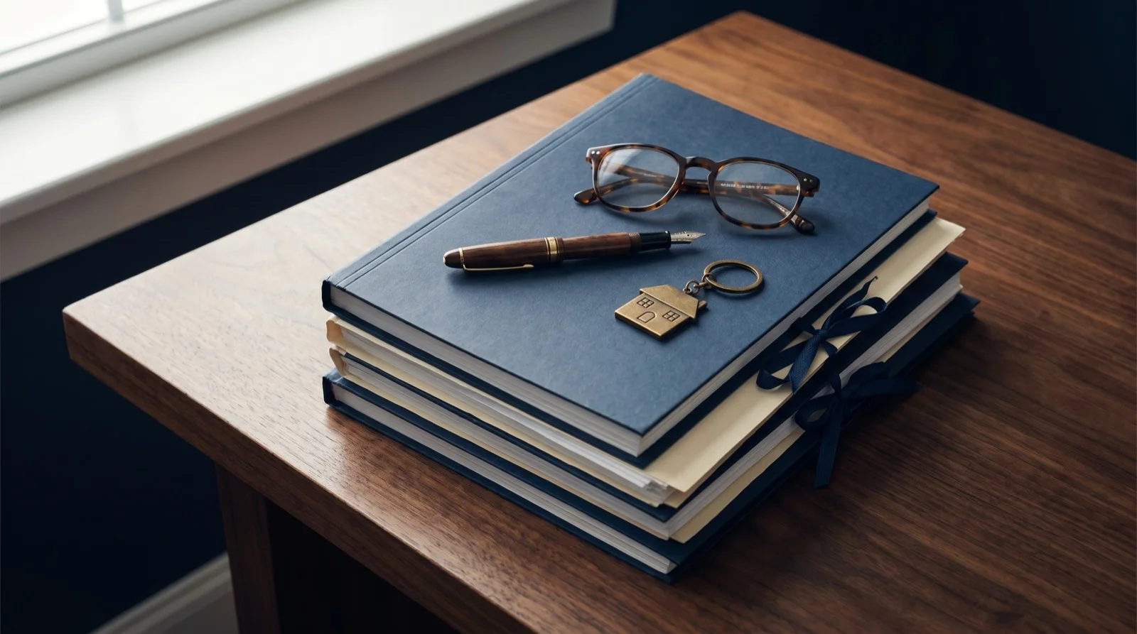 Stacked estate documents and a fountain pen on a desk
