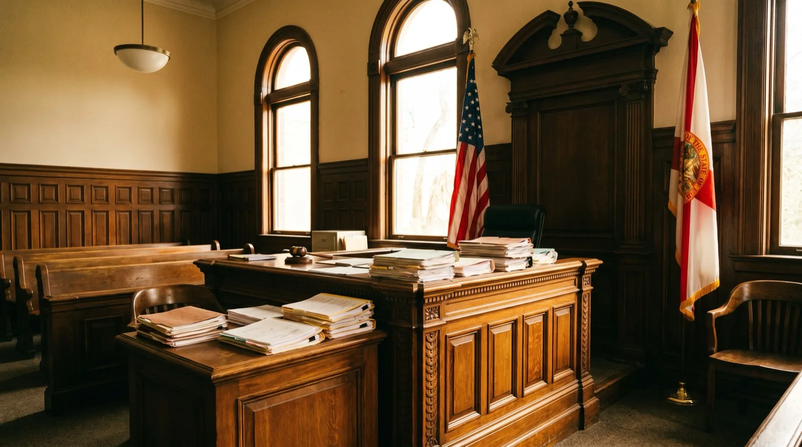 Florida probate courtroom with legal documents on the judge's bench