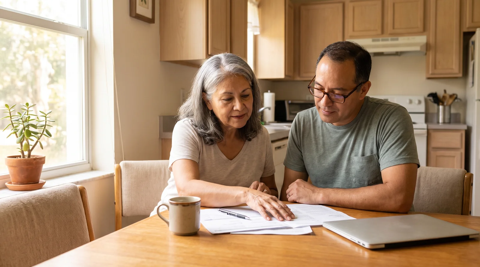 A surviving spouse and adult child reviewing Florida estate paperwork together at a kitchen table