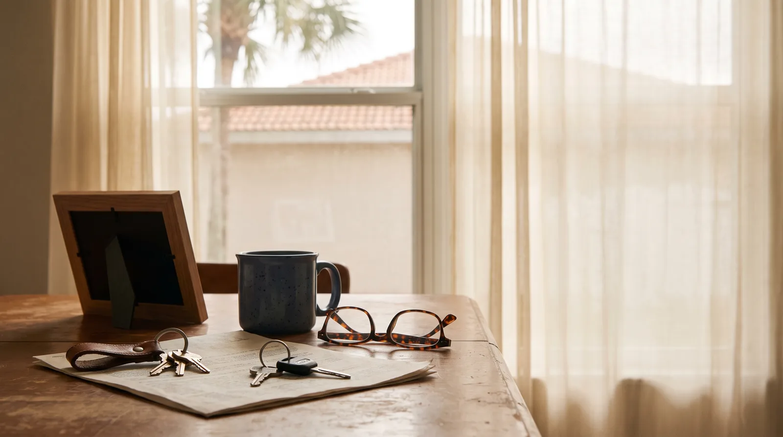 House keys and car keys resting on a document on a dining table inside a Florida home, illustrating assets that may be exempt from probate