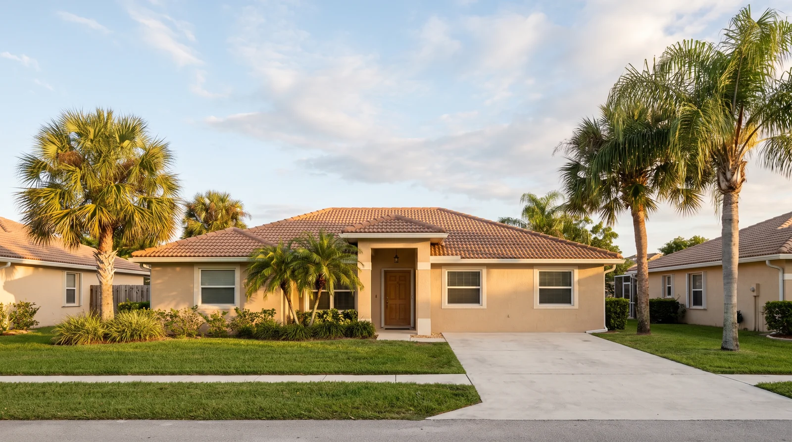 Single-story Florida home with a tile roof and palm trees, illustrating protected homestead property in a Florida estate