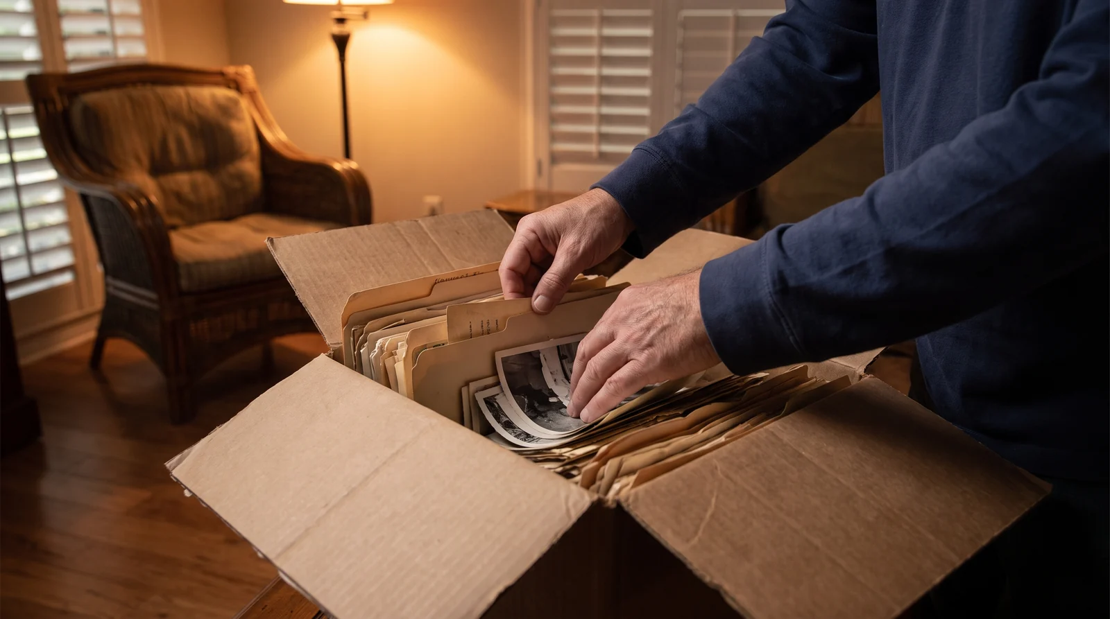 Hands sorting through a storage box of old documents, folders, and photographs on the floor of a Florida home