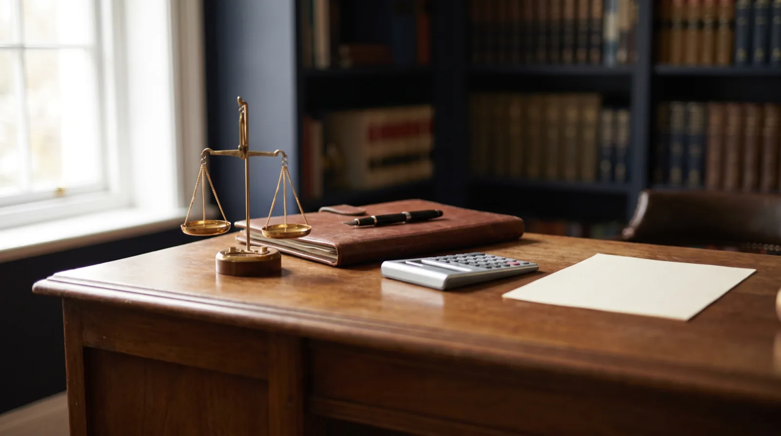 Brass balance scale, fountain pen on a closed leather portfolio, desk calculator, and a blank sheet of cream paper on a warmly lit wooden attorney's desk