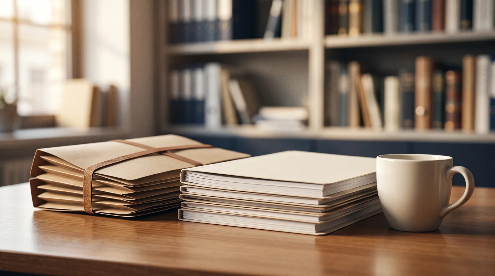 A worn accordion file secured with an elastic band sitting beside a stack of plain documents and a ceramic cup on a wooden desk