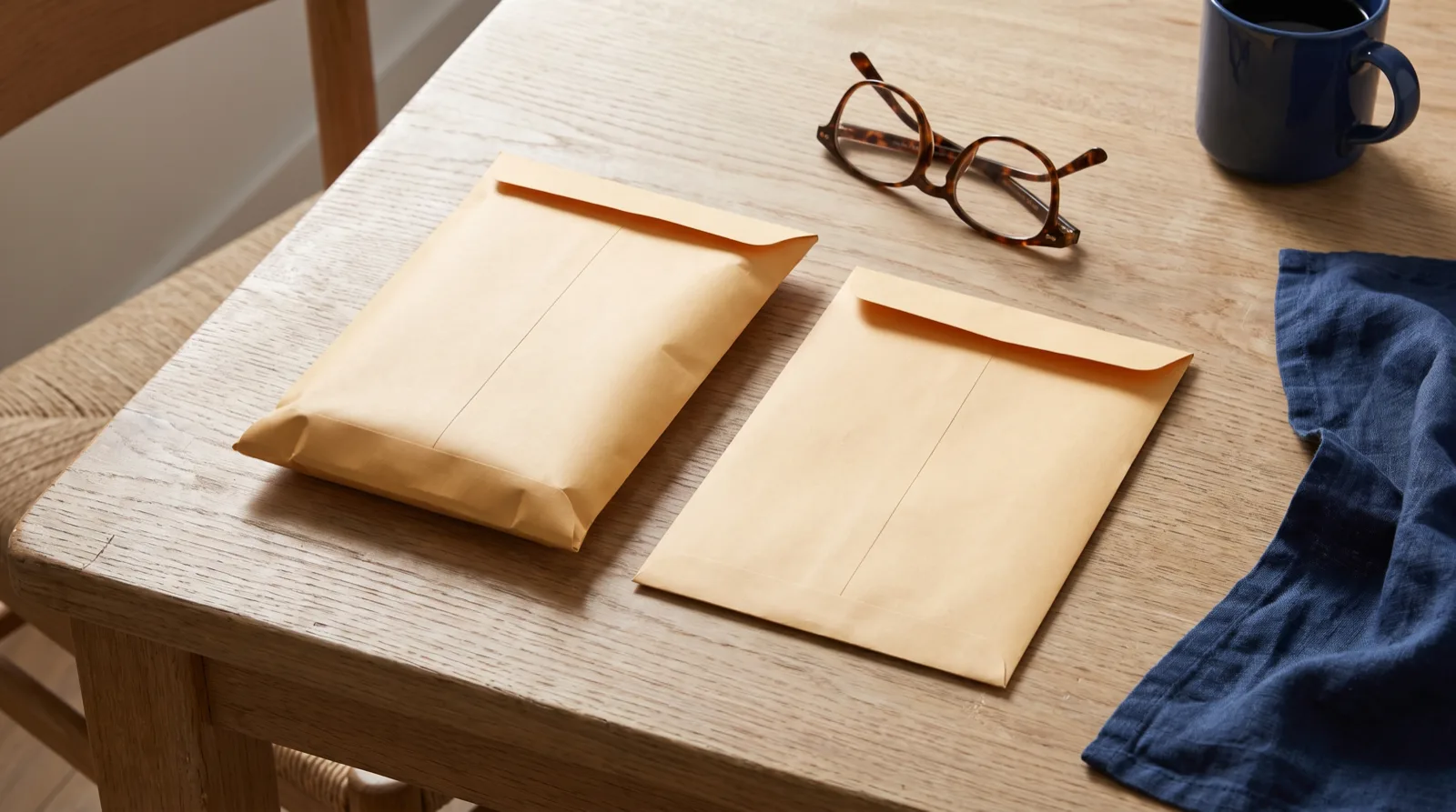 Two plain unmarked manila envelopes side by side on a light oak table, one noticeably thicker than the other, with folded reading glasses nearby