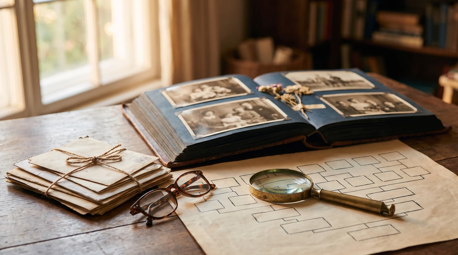 Vintage family photo album, tied bundle of old letters, reading glasses, and a magnifying glass resting on a hand-drawn family tree chart on a wooden desk