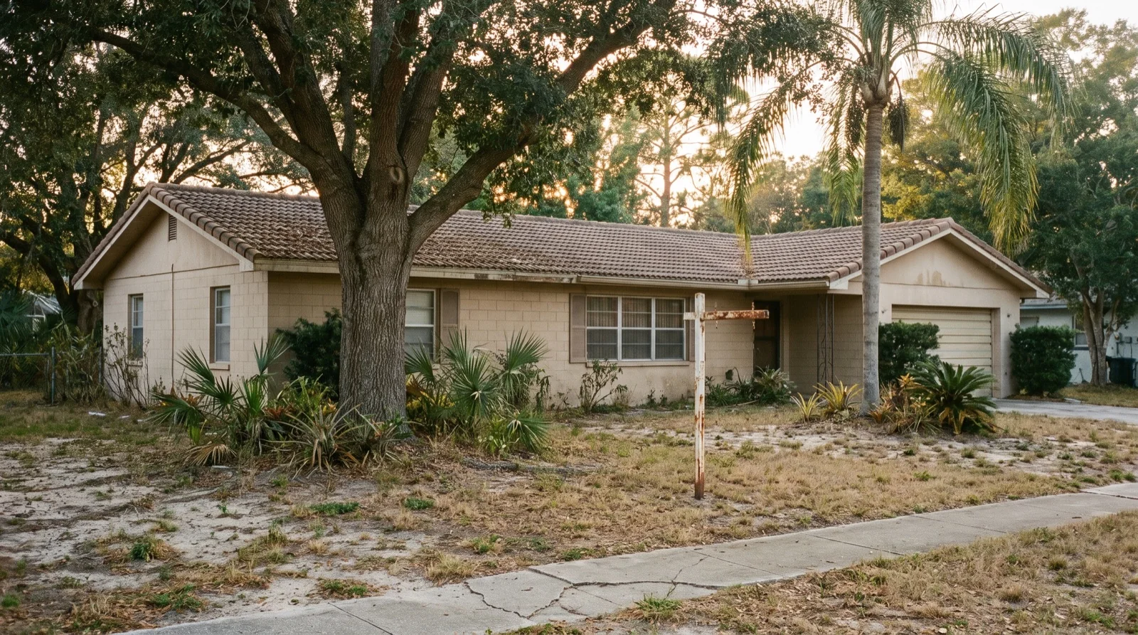 Single story Central Florida block and stucco house at golden hour with a bare sign post in the front yard