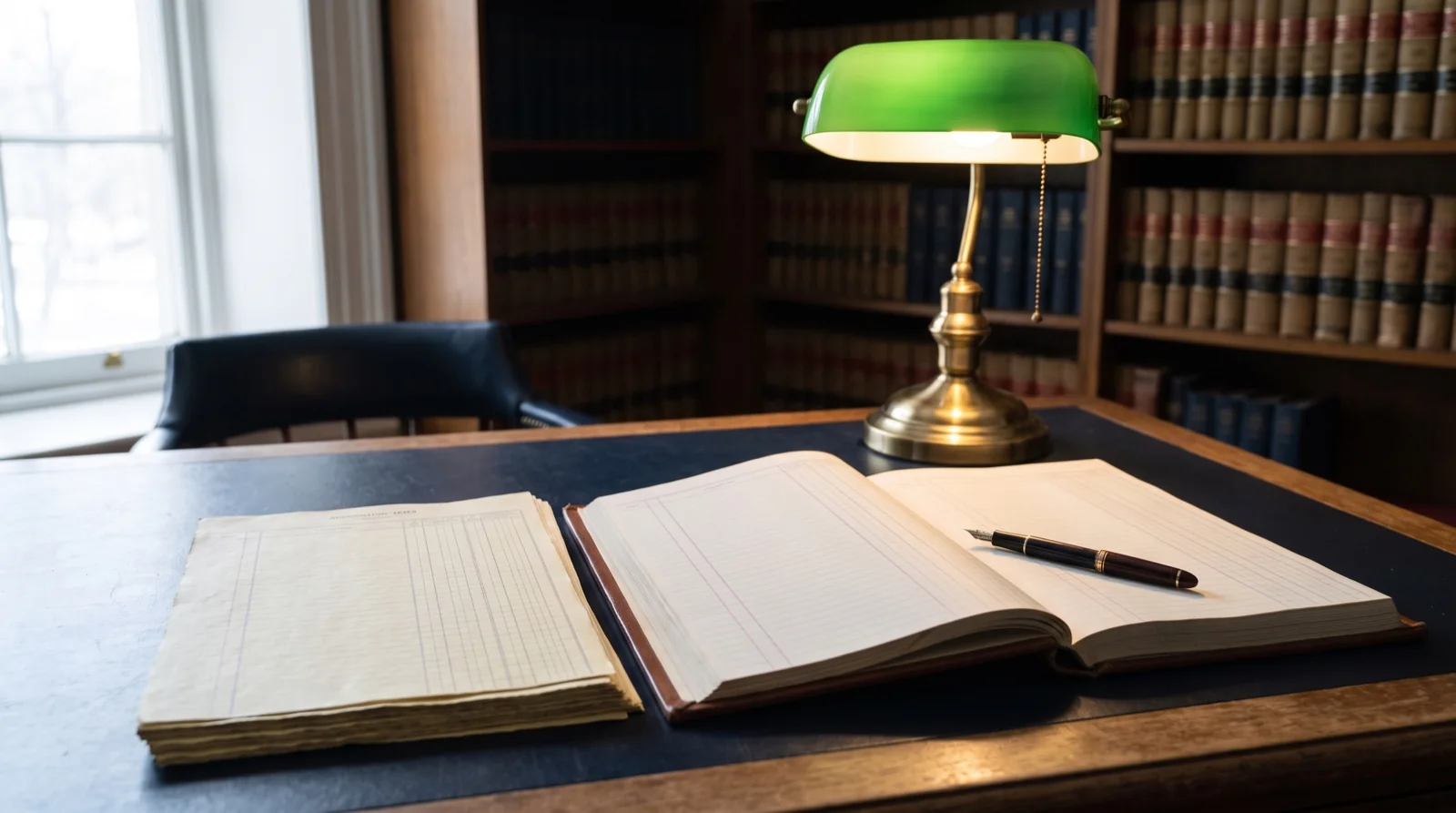Open fiduciary accounting ledger, columnar paper, fountain pen and brass desk lamp on a wooden law office desk