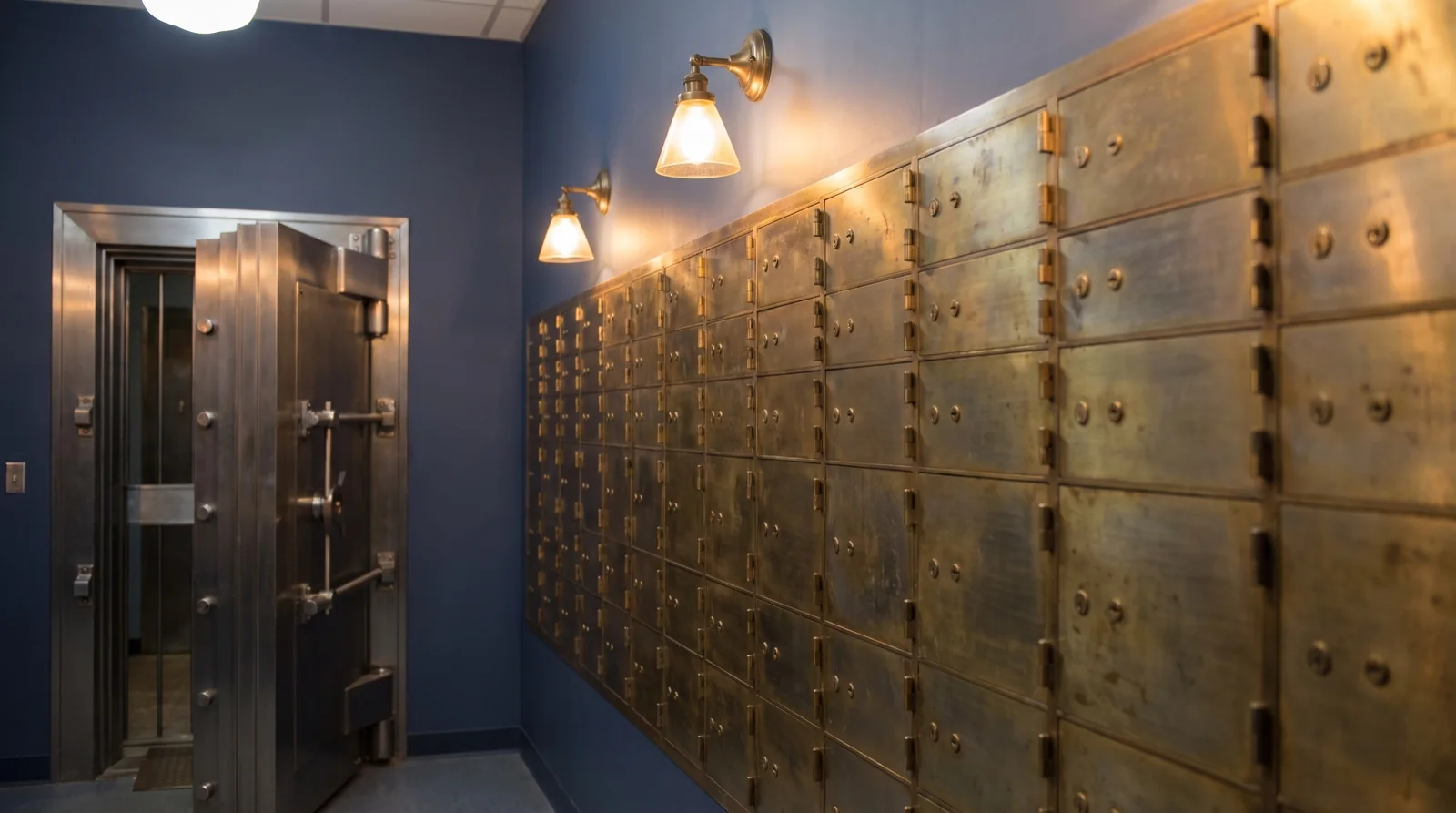 Open bank safe deposit vault door with a wall of brass-faced deposit boxes