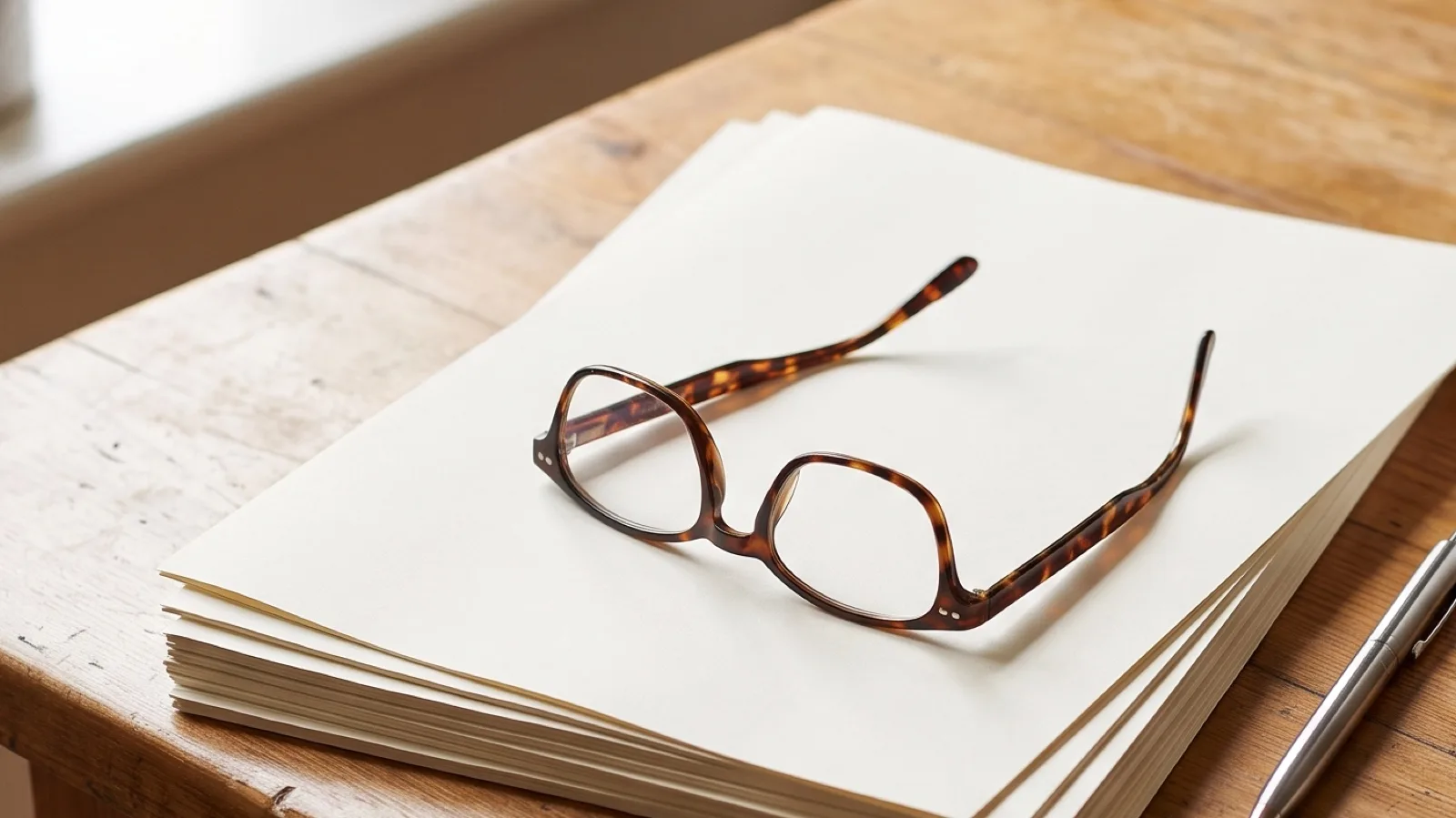 Reading glasses and a pen resting on a stack of papers beside a coffee mug on a kitchen table, representing the asset inventory a family assembles before filing for summary administration