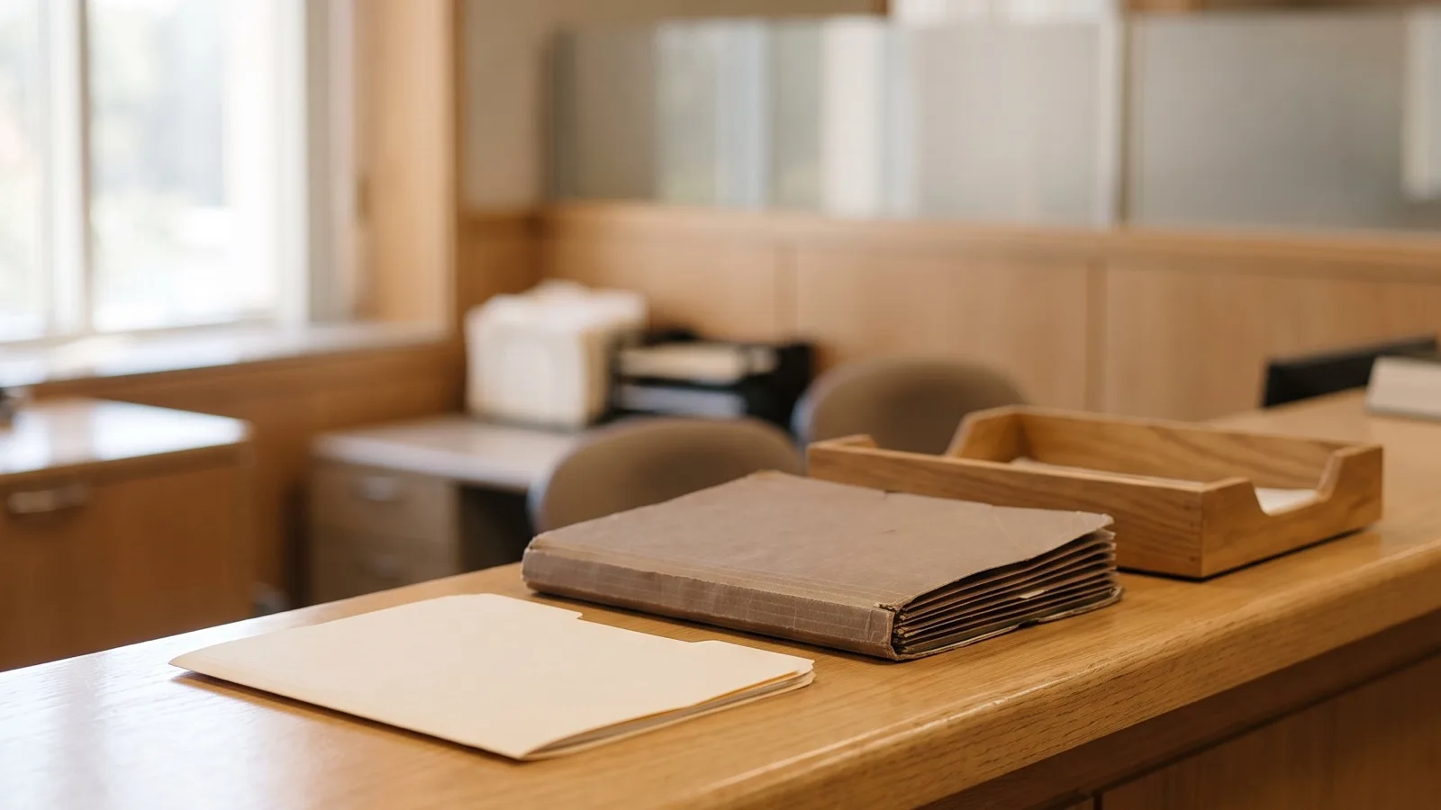 A manila file folder and a closed accordion file resting on a wooden records counter in a Florida courthouse, representing a petition for summary administration