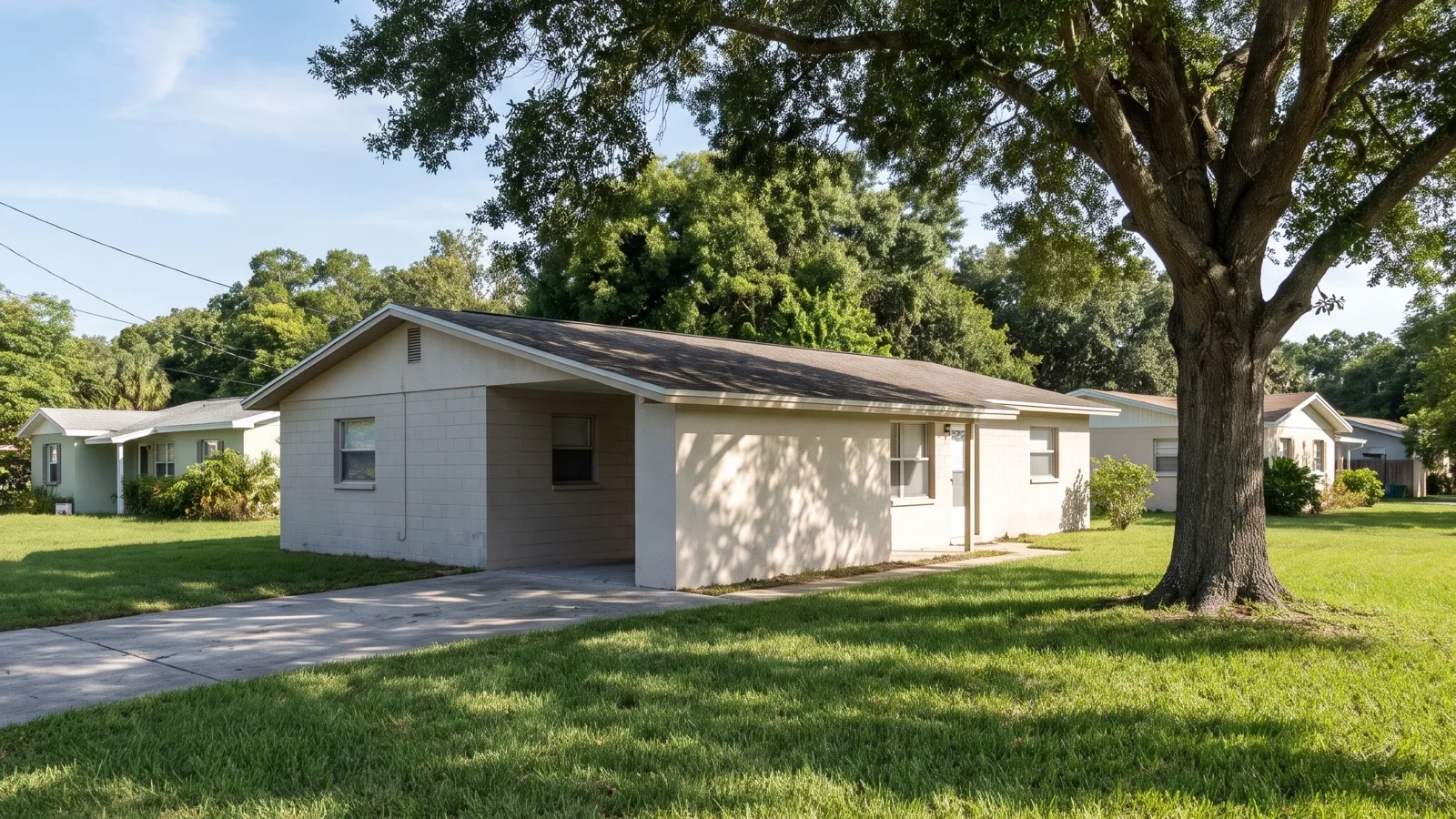 A single-story Florida block-and-stucco house shaded by a mature live oak, representing protected homestead property in a summary administration