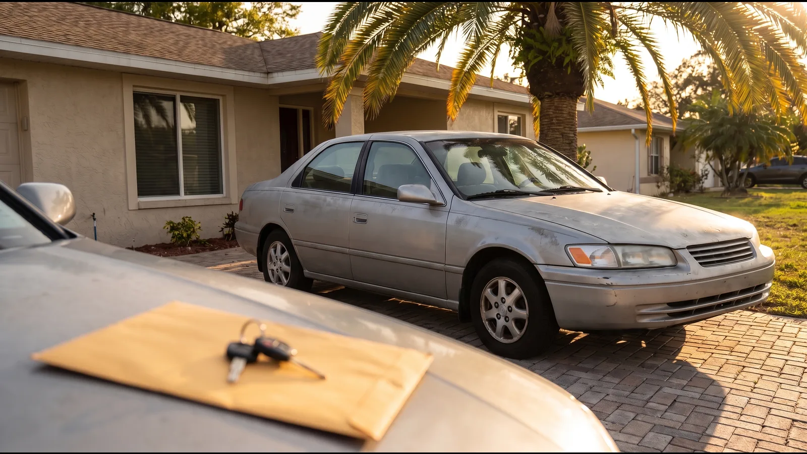 A silver sedan parked in the driveway of a single-story Florida stucco home beside a palm tree, with car keys resting on a manila envelope on the hood