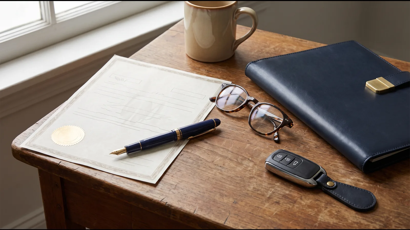 A blank title document, a pen, a closed folder, reading glasses, and a car key fob on a wooden desk in soft window light