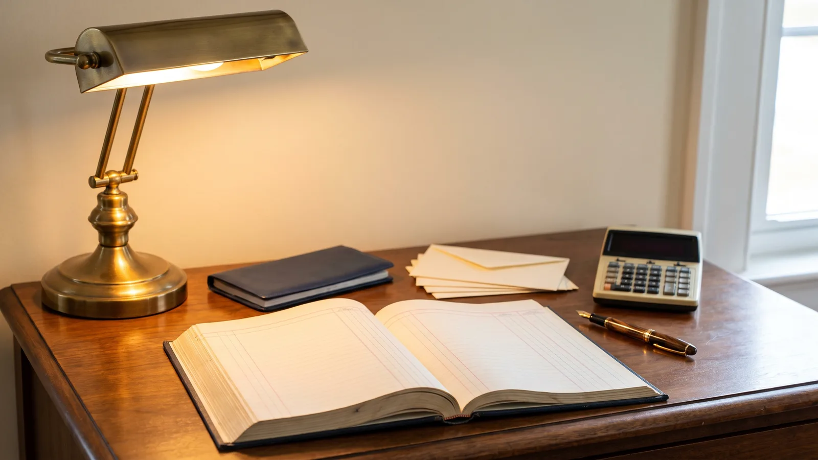 An open blank ledger, a navy checkbook cover, envelopes, a fountain pen, and a calculator on a walnut desk under a brass lamp