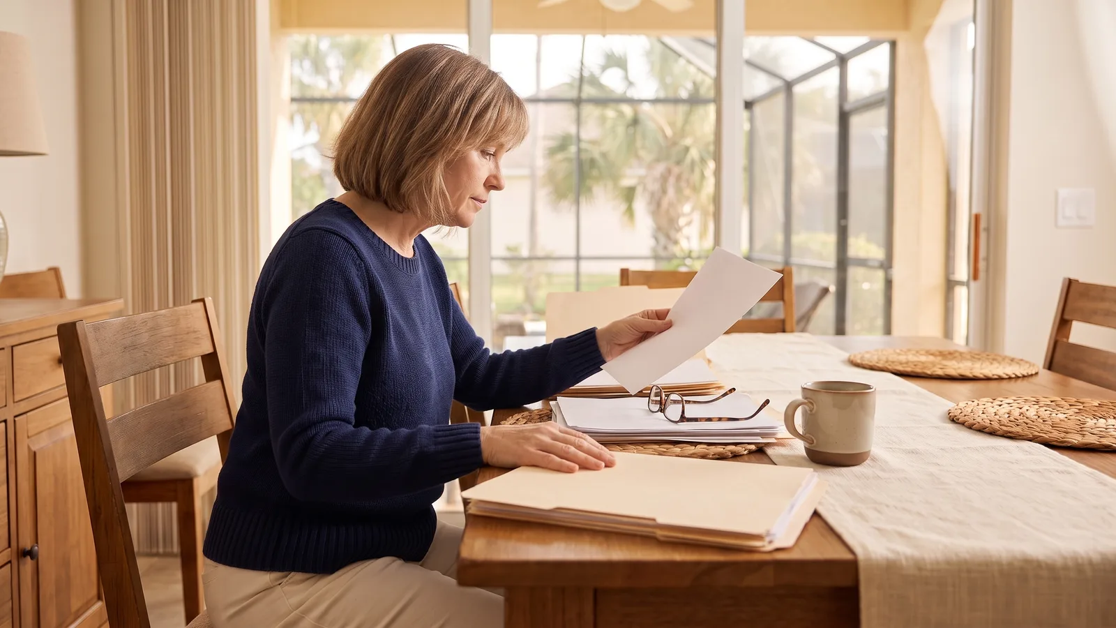A woman in a navy sweater sorting estate papers and manila folders at a dining table beside sliding doors to a screened Florida lanai