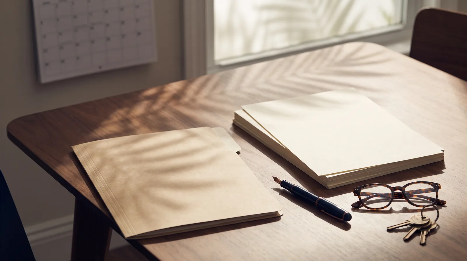 A closed legal folder, blank paper, a fountain pen, reading glasses and house keys on a sunlit table in a Florida home, representing the start of the probate process