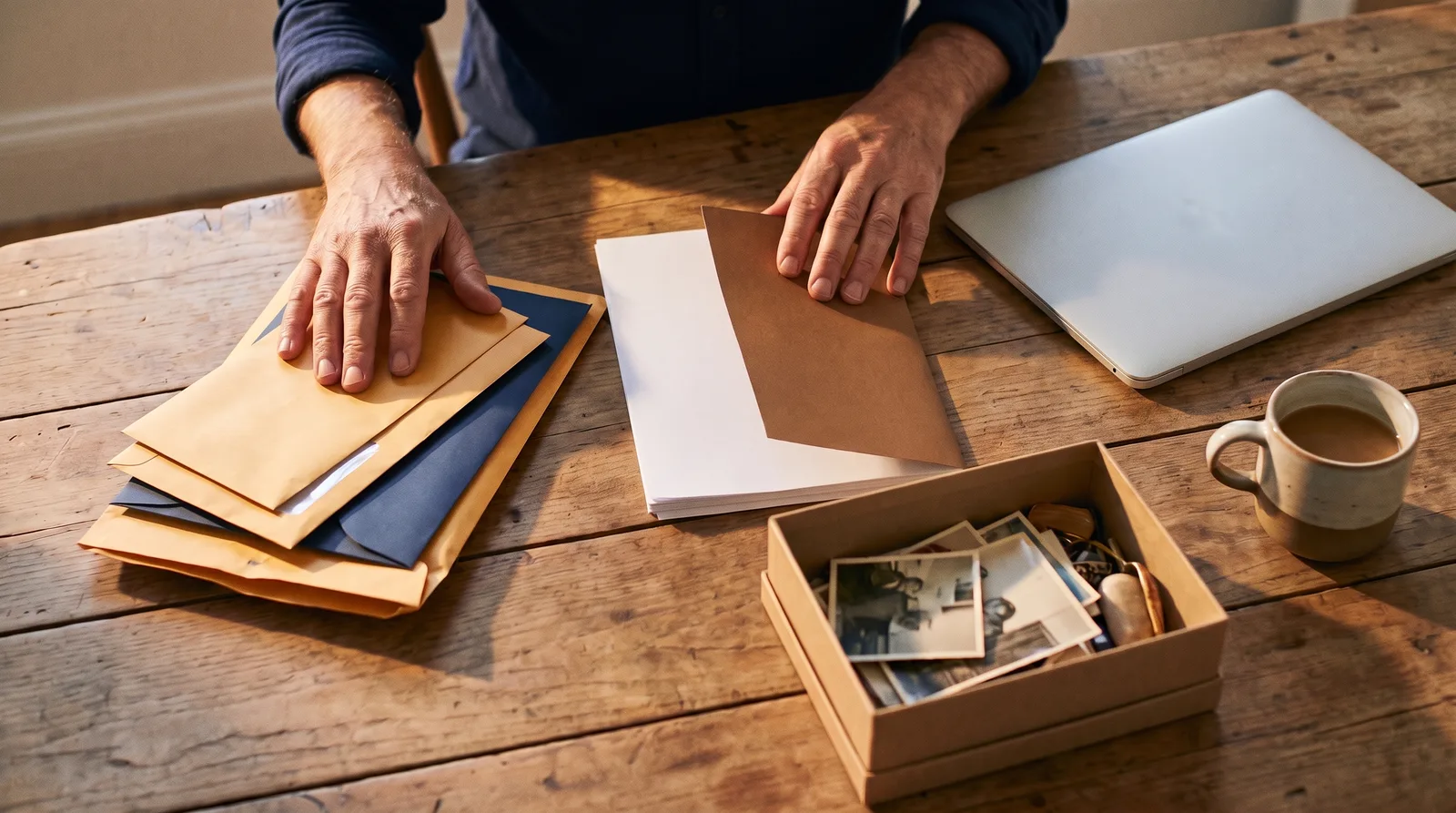 Hands sorting envelopes, blank papers and a box of family photographs on a wooden table, the kind of gathering a personal representative does before the probate inventory