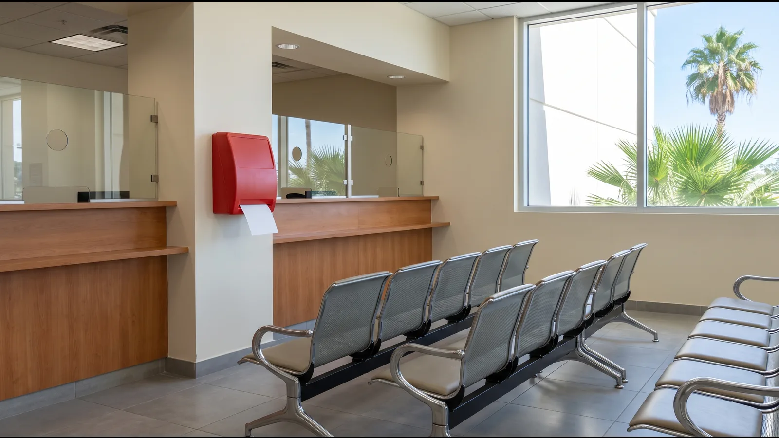 An empty public service counter and waiting area in a bright Florida county government office