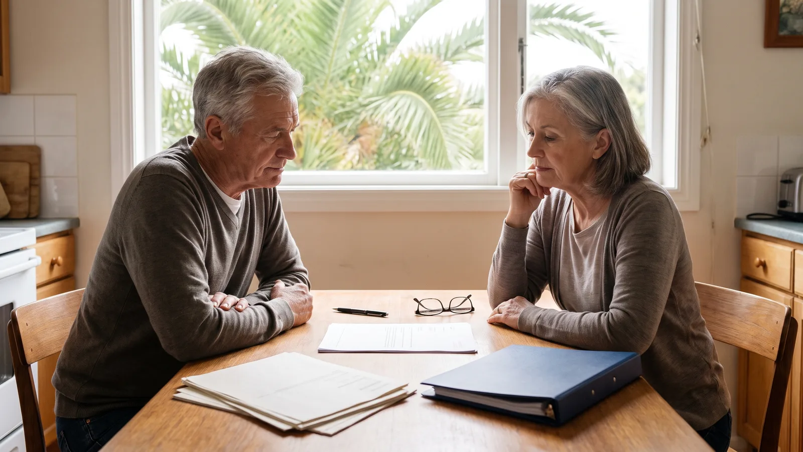 An older couple seated at a kitchen table in a Florida home reviewing papers and a navy binder, with palm fronds visible through the window
