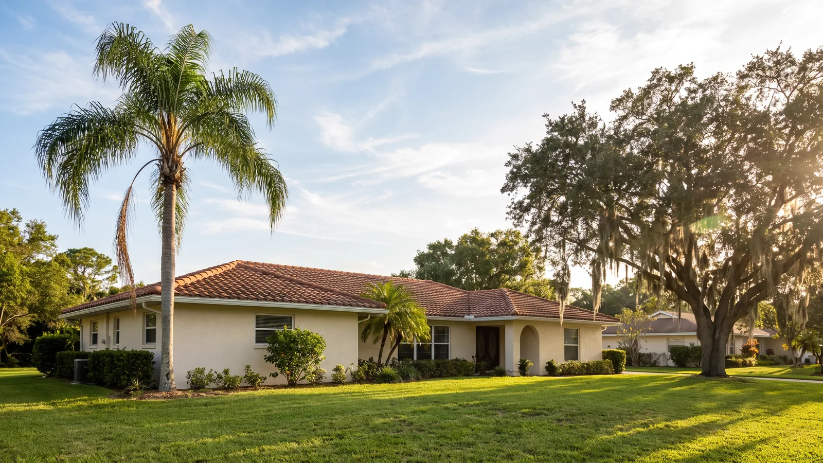 A single-story Florida stucco home with a terracotta tile roof, a tall palm tree, and a live oak draped in Spanish moss in late afternoon sun