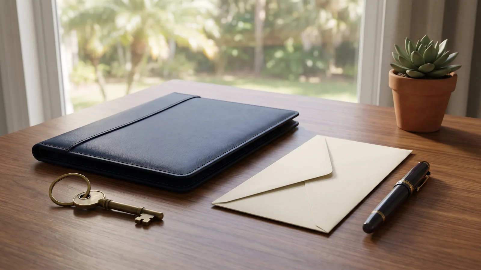 A brass house key, a navy leather folder, a cream envelope, and a fountain pen on a walnut desk beside a window facing a Florida backyard