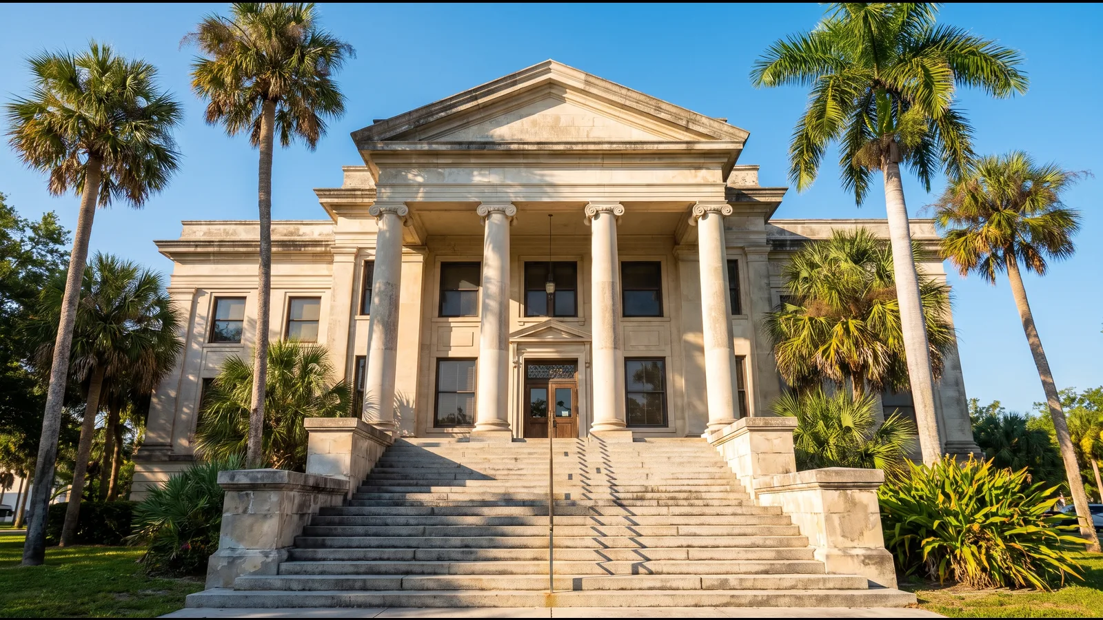 The columned entrance and front steps of a classic Florida county courthouse framed by palm trees on a sunny morning