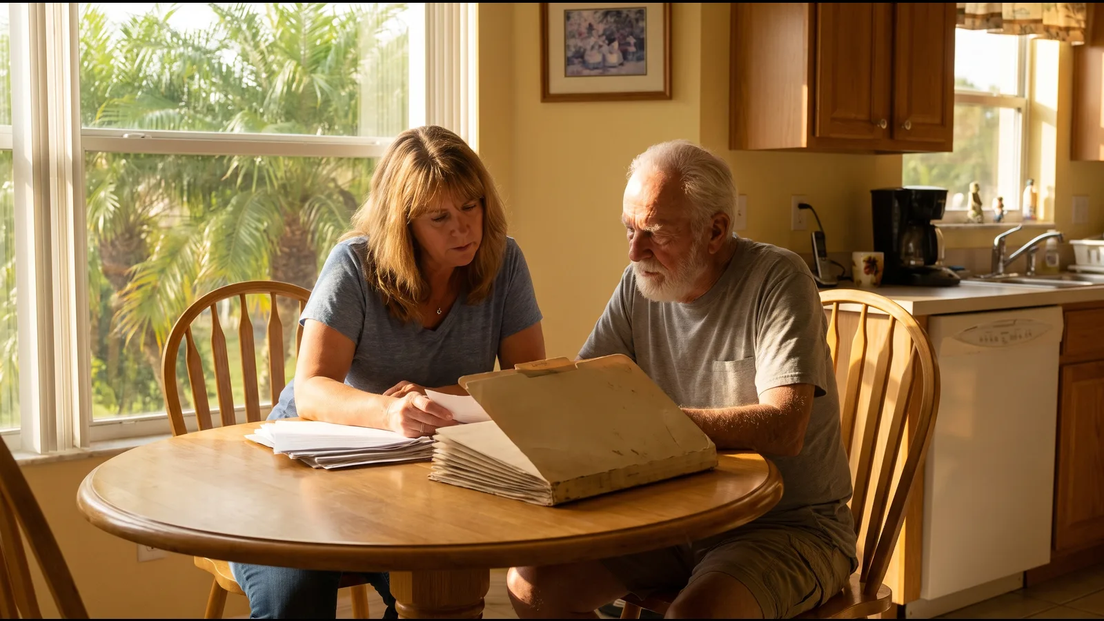 An adult daughter and her elderly father reviewing papers and an accordion file together at a kitchen table in a bright Florida home