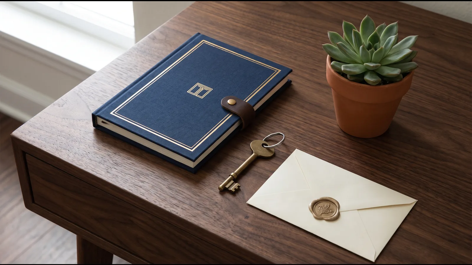 A navy account folder, a house key on a ring, and a sealed envelope on a walnut desk beside a potted succulent