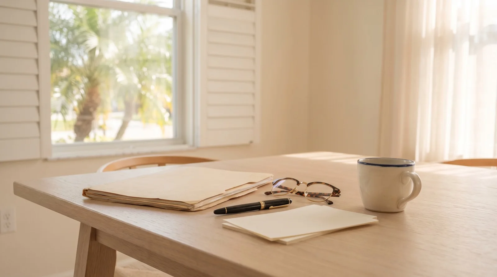 A manila legal folder, reading glasses, a fountain pen and blank paper on a sunlit table in a Florida home