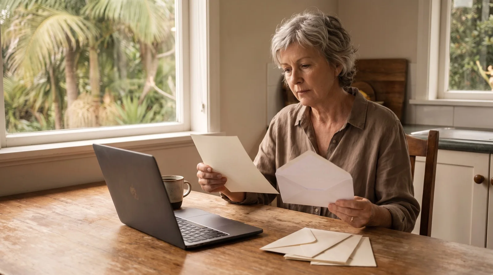 A woman at a Florida kitchen table reading a letter about an estate, with unopened envelopes beside her
