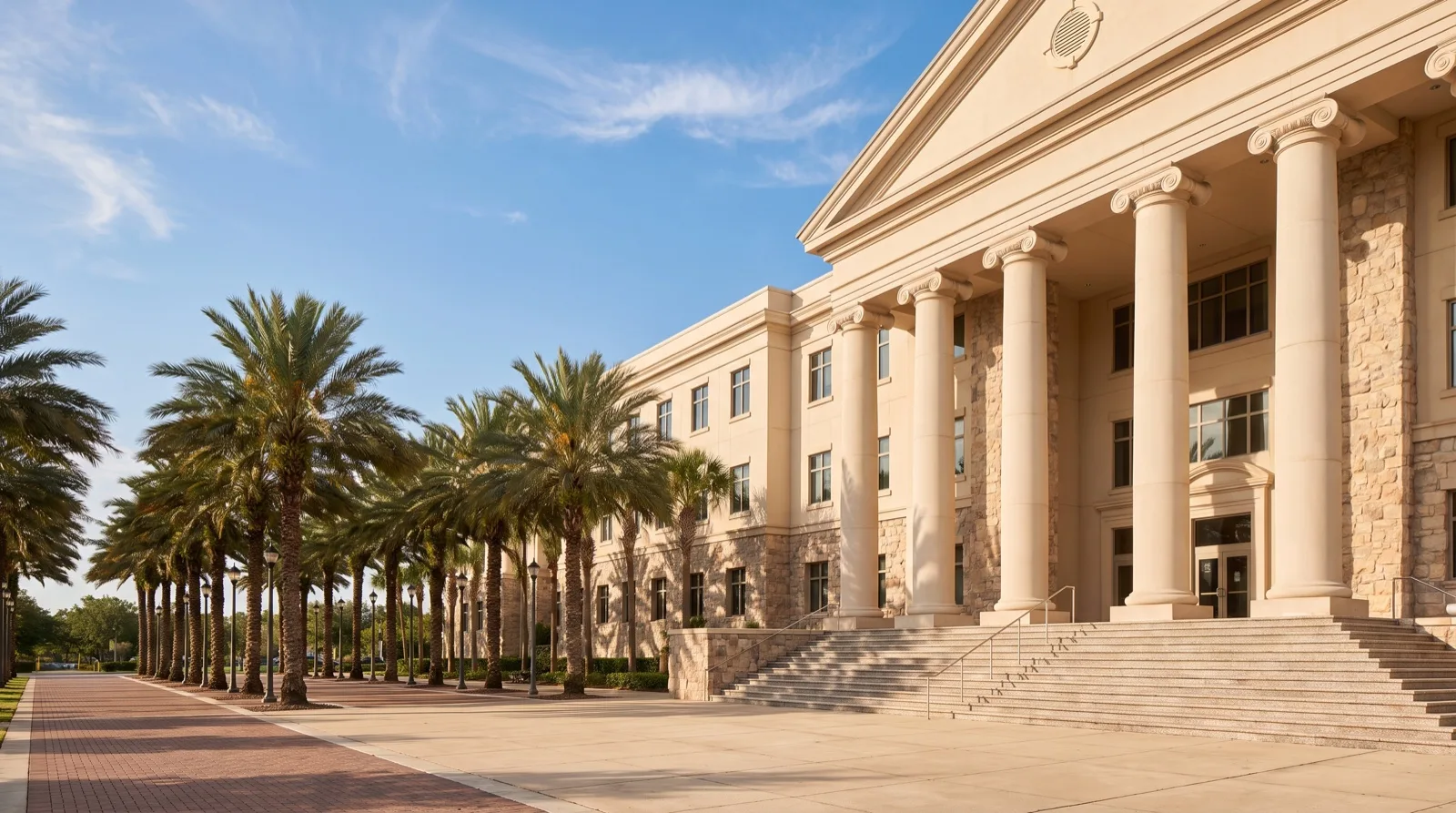 The columned stucco facade and wide steps of a central Florida county government building, with a row of palms along the plaza