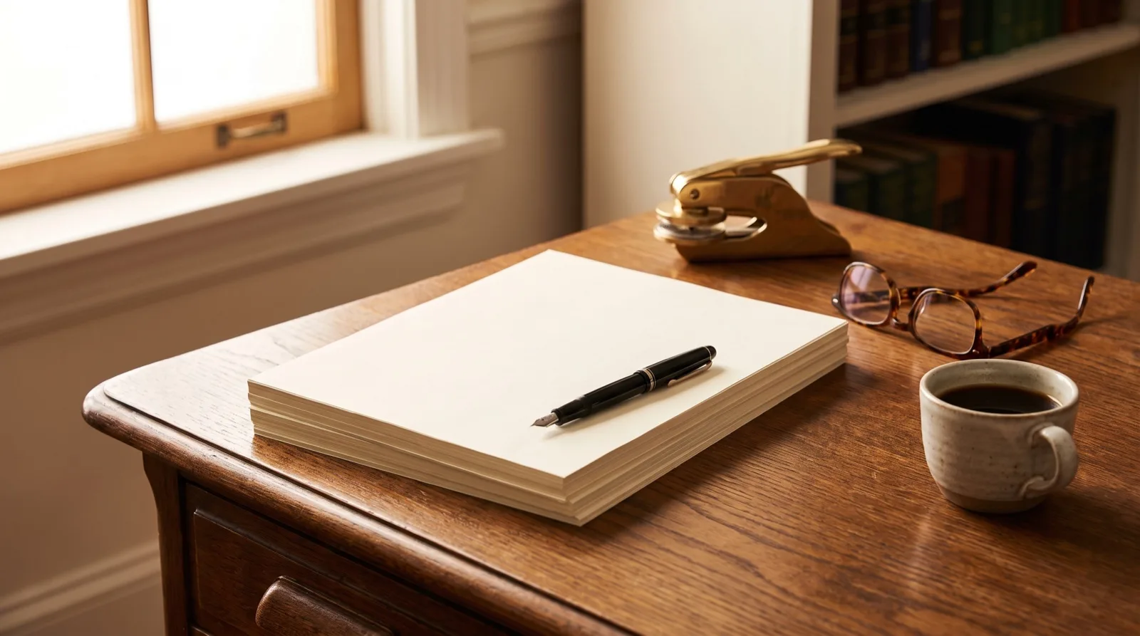 A stack of blank cream legal documents, a fountain pen, a brass embosser and reading glasses on an attorney's desk in window light