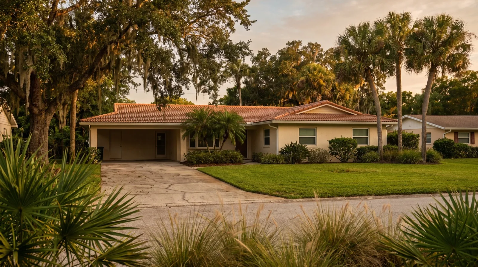 A single-story Florida home with a tile roof and mature palm trees, photographed from the street in late afternoon light